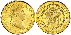 1831. Fernando VII. Sevilla. JB. 2 escudos. (Cal. 275). 6,74 g. Rayitas, pero bellísima. Pleno brillo original. Ex Colección de 2 reales y 2 escudos, ...