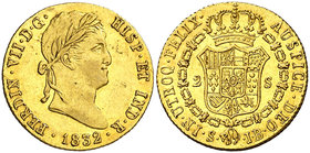1832. Fernando VII. Sevilla. JB. 2 escudos. (Cal. 276). 6,78 g. Hojita y leves golpecitos. Brillo original. Ex Colección de 2 reales y 2 escudos, Áure...