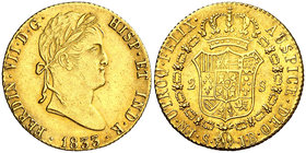 1833. Fernando VII. Sevilla. JB. 2 escudos. (Cal. 277). 6,82 g. Muy bella. Ex Colección de 2 reales y 2 escudos, Áureo 09/04/2003, nº 929. Rara así. E...