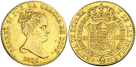1836. Isabel II. Barcelona. PS. 80 reales. (Cal. 50). 6,80 g. Perlas pequeñas en el peinado. Golpecitos. Muy rara. MBC/MBC+.