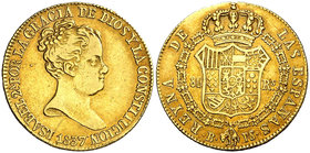 1837. Isabel II. Barcelona. PS. 80 reales. (Cal. 51). 6,72 g. Rayitas. Bonito color. Ex Áureo 27/02/2002, nº 1295. Rara. MBC-/MBC.
