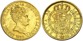 1838. Isabel II. Barcelona. PS. 80 reales. (Cal. 53). 6,75 g. Leyenda: ...CONST. Mínimas rayitas. Bella. Brillo original. Rara y más así. EBC+/S/C-....