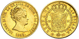 1843. Isabel II. Barcelona. CC. 80 reales. (Cal. 61). 6,74 g. Leves golpecitos. Bonita pátina. Muy rara. MBC/MBC+.