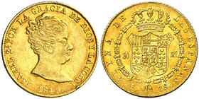 1845. Isabel II. Barcelona. PS. 80 reales. (Cal. 63). 6,75 g. Bella. Golpecito en canto. Precioso color. EBC/EBC+.