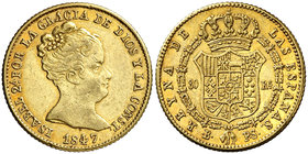 1847. Isabel II. Barcelona. PS. 80 reales. (Cal. 65). 6,75 g. Precioso color. Ex Colección Permanyer 28/04/2016, nº 619. MBC+/EBC-.