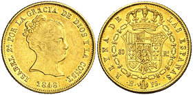 1848. Isabel II. Barcelona. PS. 80 reales. (Cal. 66). 6,72 g. Golpecitos y rayitas. Parte de brillo original. Rara. MBC/MBC+.