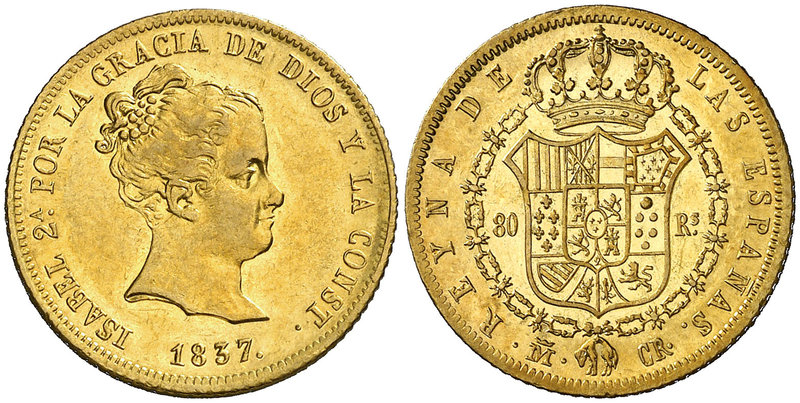 1837. Isabel II. Madrid. CR. 80 reales. (Cal. 70). 6,75 g. Atractiva. Parte de b...