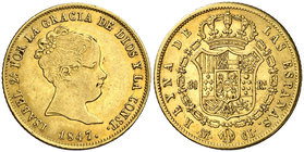 1847. Isabel II. Madrid. CL. 80 reales. (Cal. 80). 6,70 g. Leves golpecitos. Buen ejemplar. Ex Colección O'Callaghan 10/11/2016, nº 507. Rara. MBC+.
