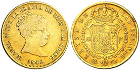 1849. Isabel II. Madrid. CL. 80 reales. (Cal. 82). 6,70 g. Golpecitos. Bonito color. Ex Áureo 27/02/2002, nº 1310. Rara. MBC-/MBC.