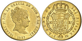 1837. Isabel II. Sevilla. DR. 80 reales. (Cal. 85). 6,82 g. Golpecitos. Parte de brillo original. Ex Colección O'Callaghan 10/11/2016, nº 510. Rara. M...