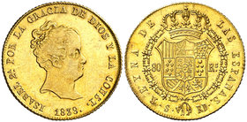 1839. Isabel II. Sevilla. RD. 80 reales. (Cal. 88). 6,74 g. Atractiva. Brillo original. Rara así. EBC-/EBC+.