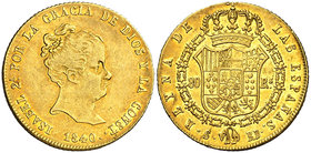 1840. Isabel II. Sevilla. RD. 80 reales. (Cal. 89). 6,74 g. Leves golpecitos. Bella. Precioso color. Escasa así. EBC-/EBC.