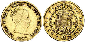 1843. Isabel II. Sevilla. RD. 80 reales. (Cal. 93). 6,75 g. Ex Áureo & Calicó 18/10/2017, nº 1958. MBC-/MBC.