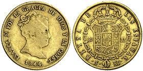 1844/3. Isabel II. Sevilla. RD. 80 reales. (Cal. 94). 6,68 g. Ex Áureo & Calicó 06/07/2016, nº 2750. Escasa. BC+/MBC-.