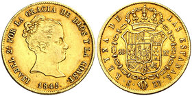 1845. Isabel II. Sevilla. RD. 80 reales. (Cal. 96). 6,75 g. Leves golpecitos. Precioso color. Ex Áureo 17/12/2002, nº 2121. Rara así. EBC-/EBC.