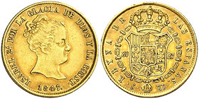 1847. Isabel II. Sevilla. RD. 80 reales. (Cal. 98). 6,70 g. Leves golpecitos. Precioso color. Ex Áureo 19/06/2001, nº 1157. Rara. MBC+.