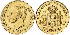 1882. Alfonso XII. Manila. 4 pesos. (Cal. 76). 6,76 g. Bella. Ex Colección Bohol 08/11/2017, nº 1325. Rara así. EBC+.