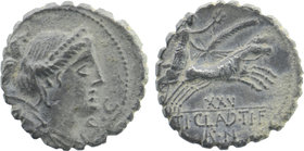 TI. CLAUDIUS NERO. Serrate Denarius (79 BC). Rome.
Obv: S C.
Draped bust of Diana right, with bow and quiver over shoulder.
Rev: XXVIIII / TI CLAVD...