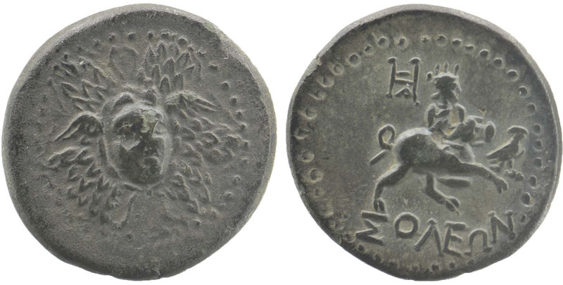 CILICIA. Soloi. Circa 100-30 BC. AE
Facing gorgoneion at center of aegis.
Rev....