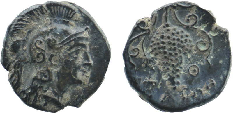 CILICIA, Soloi. Circa 400-350 BC. AE
Helmeted head of Athena right
Rev: Grape bu...