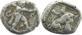 Cyprus, Kition AR Stater. Azbaal, circa 449-425 BC.
Obv: Herakles in fighting stance to right, wearing lion skin upon his back and tied around neck, ...
