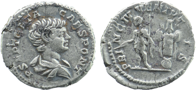 Geta, as Caesar, AR Denarius. Rome, 200-202. 
Bareheaded and draped bust right.
...