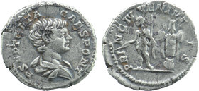 Geta, as Caesar, AR Denarius. Rome, 200-202. 
Bareheaded and draped bust right.
Geta standing left holding baton and sceptre; trophy to right 
RIC 18;...