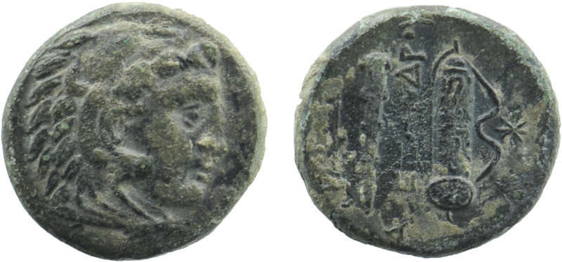 Kings of Macedon. Alexander III 'the Great' (336-323). Ae.
Obv: Head of Herakles...