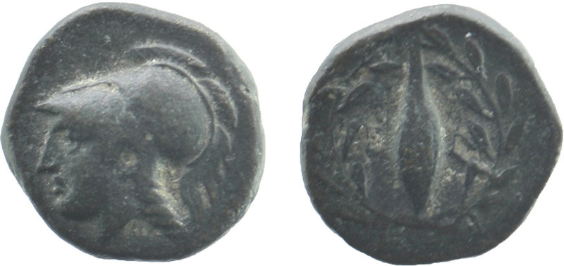 Aiolis, Elaia. ca. 450-400 B.C. AE 10
Helmeted head of Athena left
Rev; Grain ...