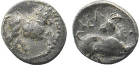 CILICIA, Kelenderis. Circa 425-400 BC. AR Obol
Horse rearing right / Goat kneeling right, head reverted.
Cf. SNG Levante 29 (goat left); cf. SNG Fra...