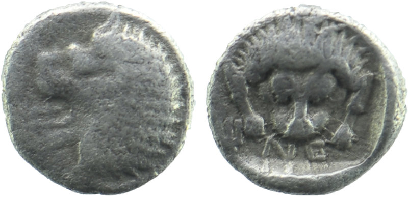 CARIA, Uncertain Mint. 500-450 BC. AR Obol
Head of roaring lion
Rev: Lion-skin m...