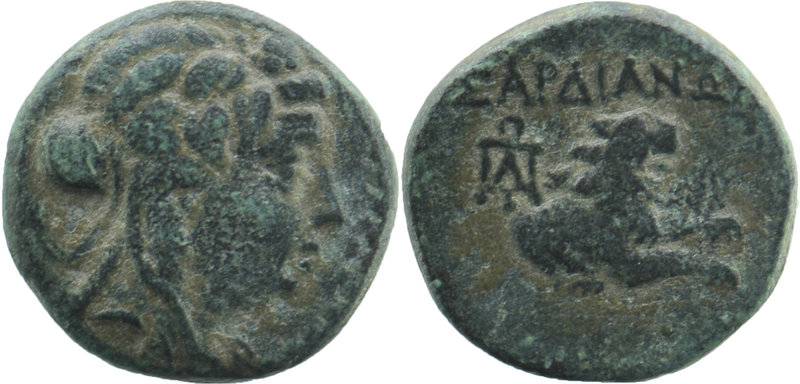 Sardes. Lydia.ca 133 BC-14 AD AE
Wreathed head of Dionysos right
Rev: Forepart...