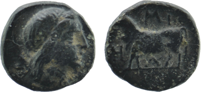 MYSIA. Miletopolis. Ae (4th century BC).
Laureate head of Apollo right; below, ...