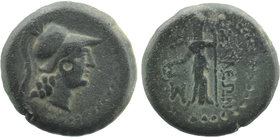 CILICIA. Soloi. 1st century BC. AE .
Head of Athena to right, wearing crested Corinthian helmet.
Rev. ΣOΛEΩN Dionysos standing facing, holding kanth...
