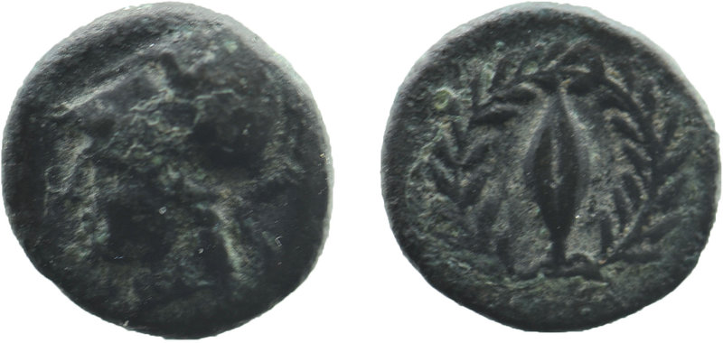 AEOLIS. Elaia. Ae (450-400 BC).
Helmeted head of Athena left.
Rev: Grain seed wi...
