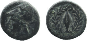 AEOLIS. Elaia. Ae (450-400 BC).
Helmeted head of Athena left.
Rev: Grain seed within olive wreath (no ethnic).
BMC - ; SNG Copenhagen -
Rare type .
1,...