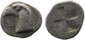 Aiolis, Kyme. Ca. 480-450 B.C. AR hemiobol
KY, head of eagle left / Granulated incuse square of 'mill-sail' design. 
Klein 333; Rosen 538; SNG Copenha...