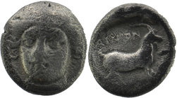 Ainos. Circa 402- 399 BC. Tetrobol
Head of Hermes facing, wearing petasos and with his head turned very slightly to his right. 
 Rev. ΑΙΝΙ Goat standi...