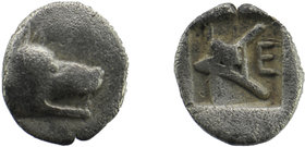 Argos , Argolis. AR Obol. c. 420/10-370s BC
Obv. Head of wolf right.
Rev. A within shallow incuse square; E downwards below cross bar.
BMC 26. SNG Cop...