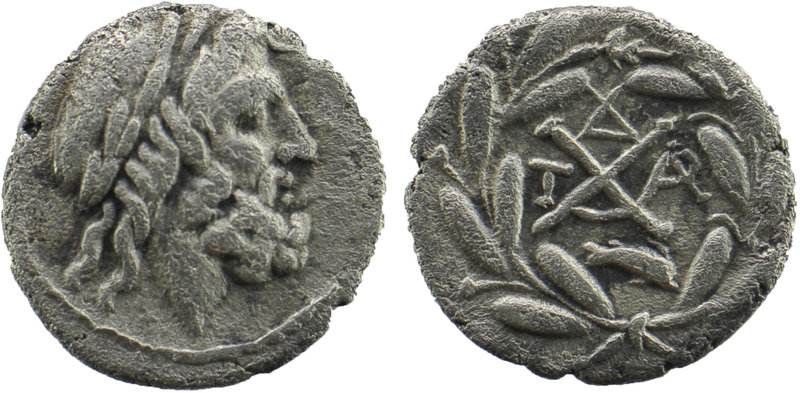 ACHAIA, Achaian League. Dyme. Circa 86 BC. AR Hemidrachm 
Laureate head of Zeus ...