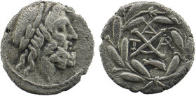 ACHAIA, Achaian League. Dyme. Circa 86 BC. AR Hemidrachm 
Laureate head of Zeus Hamarios right.
Rev: AX monogram; Dyme monogram above, T-monogram acro...