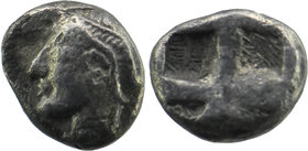 IONIA, Phokaia. Circa 625/0-522 BC. AR Obol
Female head left, wearing helmet or close fitting cap 
Quadripartite incuse square. 
SNG Copenhagen (Cypru...