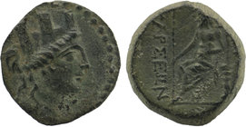 CILICIA. Tarsos. Ae (164-27 BC).
Obv: Turreted head of Tyche right; monogram to left.
Rev: ΤΑΡΣΕΩΝ.
Zeus seated left on throne, holding sceptre; two m...