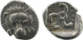 Dynasts of Lycia. Perikles (c. 380-360 BC). AR 1/3 Stater
Obv. Facing lion's scalp
Rev. 'Perikles' in Lycian; triskeles; to left, laureate and  bust...