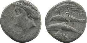 Sinope , Paphlagonia. AR Drachm c. 410-350 BC.
Head of nymph left, wearing ear-ring; hair in sakko
Sea-eagle on dolphin left; above, below, ΣINΩ.
BMC ...