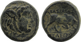 Seleukid Kings. Seleukos I Nikator (312-281 BC). Ae. Sardes.
Winged head of Medusa right/ Bull butting right
SC 6.2.
7,20 gr. 18 mm