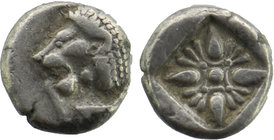 IONIA, Miletos. Late 6th-early 5th century BC. AR Obol. 
forepart of lion left, head reverted / Stellate pattern within incuse square. 
SNG Kayhan 476...