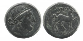 AEOLIS. Kyme. Circa 250-200 BC. AE
Pythas, magistrate. Diademed head of the Amazon Kyme to right.
KYMAI/ΩN - ΠYΘAΣ Horse prancing right; one-handled...