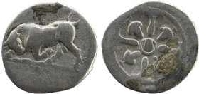 PHLIASIA, Phlious. Circa 400-350 BC. AR Trihemiobol 
Bull butting left; I above / Wheel with four spokes; with pellet in axle, Φ in lower quarter, bun...
