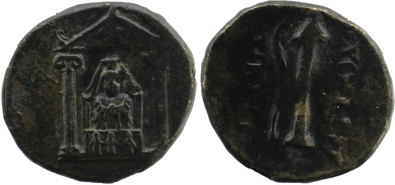 Perge , Pamphylia. AE17 (4.52 g), c. 50-30 BC.
Cult statue of Artemis Pergaia fa...